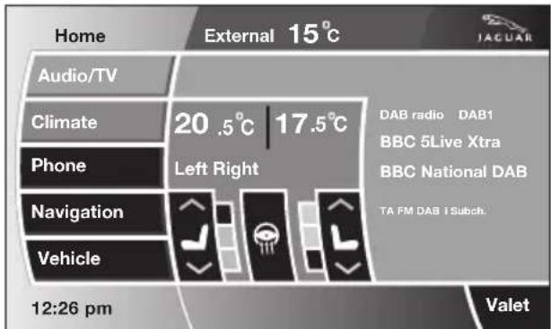 Home External 15°C Audio/TV Climate Phone Navigation Vehicle 12:26 pm 20.5°C | 17.5°C Left Right DAB radio DAB1 BBC 5Live Xtra BBC National DAB TA FM DAB I Subch. Valet