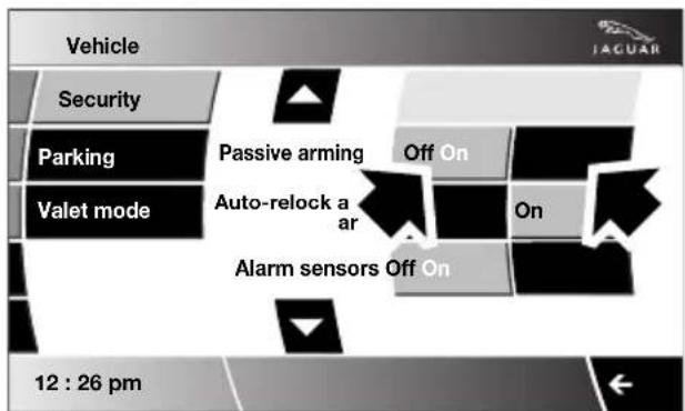 Vehicle Security Parking Valet mode Passive arming Auto-relock a ar Alarm sensors Off On Off On On 12 : 26 pm
