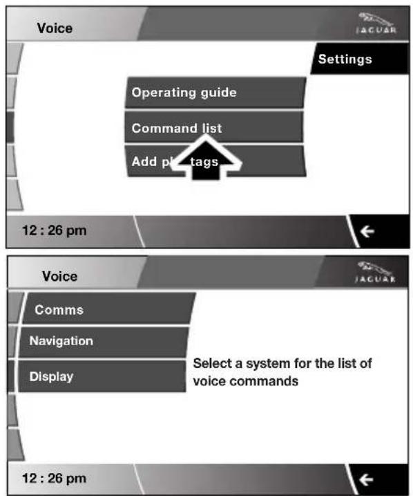 Voice Settings Operating guide Command list Add plug tags 12 : 26 pm Voice Comms Navigation Display Select a system for the list of voice commands 12 : 26 pm
