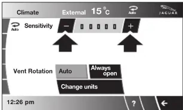 Climate External 15°C Auto JAGUAR Sensitivity - + Vent Rotation Auto Always open Change units 12:26 pm ? ←