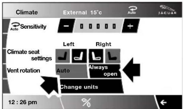 Climate External 15°C Auto JACUAR Sensitivity Auto Climate seat settings Left Right Vent rotation Auto Always open Change units 12 : 26 pm
