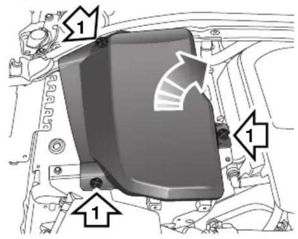 Technical diagram of a vehicle's internal components with numbered annotations indicating parts of the body and directional arrows.