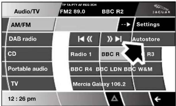 Audio/TV TP TA PTY AF REG 3CH FM2 89.0 BBC R2 AM/FM Settings DAB radio Radio 1 BBC R Autostore CD Portable audio BBC R4 BBC LDN BBC W&M TV Mercia Galaxy 106.2 12 : 26 pm