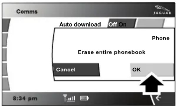 Comms Auto download Off On Phone Erase entire phonebook Cancel OK 8:34 pm