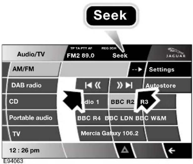 Seek Audio/TV TP TA PTY AF FM2 89.0 REG 3CH Seek JAGUAR AM/FM Settings DAB radio CD Portable audio TV Radio 1 BBC R2 R3 BBC R4 BBC LDN BBC W&M Mercia Galaxy 106.2 12 : 26 pm E94063