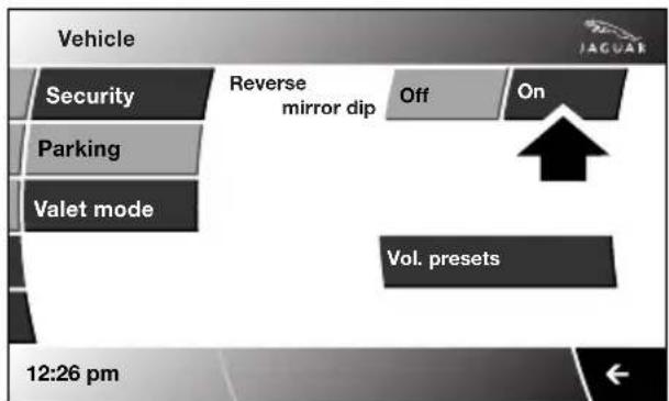Vehicle Security Reverse mirror dip Off On Parking Valet mode Vol. presets 12:26 pm