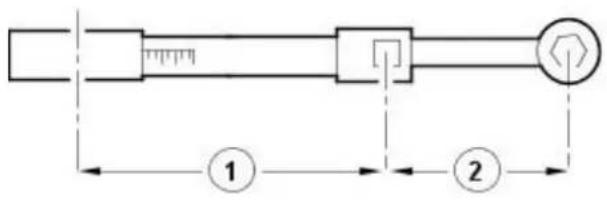 Technical diagram showing a mechanical or electrical component with labeled parts 1 and 2, including measurement markings and directional arrows.