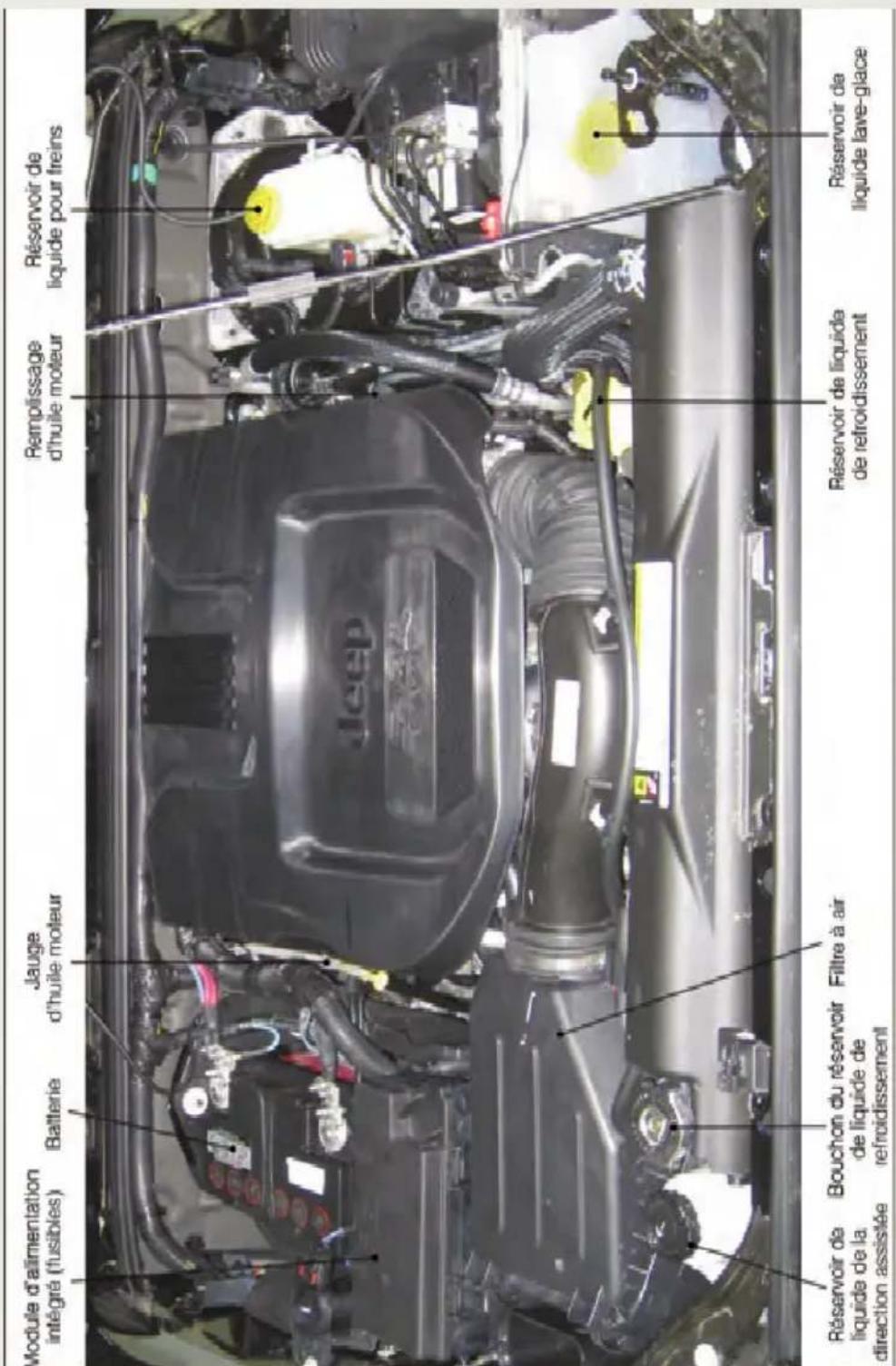 Module d'alimentation intégré (fusibles) Batterie Jauge d'huile moteur Remplissage d'huile moteur Réservoir de liquide pour freins Réservoir de liquide de la direction assistée Bouchon du réservoir de liquide de refroidissement Filtre à air Réservoir de liquide de refroidissement Réservoir de liquide lave-glace