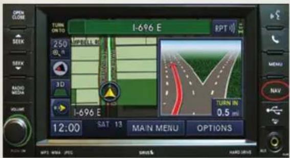 OPEN CLOSE SEEK SEEK RADIO MEASURE VOLUME TURN ON TO 250 SPE 11.8 3D I-696 E 12:00 SAT 13 MAIN MENU OPTIONS TURN IN 0.5 mmi MENU NAV MPS MASA SPEC SMOSS HARD DRIVE ALL