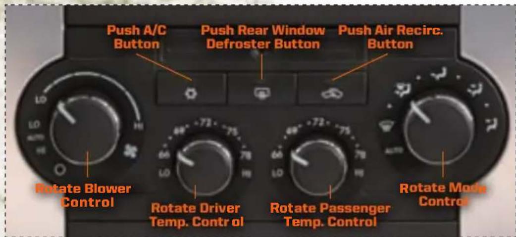 Push A/C Button Push Rear Window Defroster Button Push Air Recirc. Button Rotate Blower Control Rotate Driver Temp. Control Rotate Passenger Temp. Control Rotate Mode Control