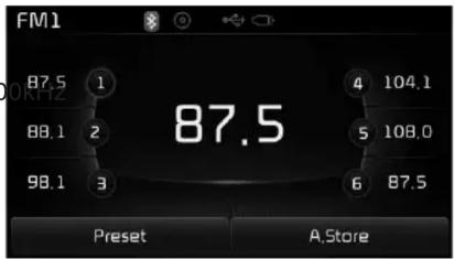 FM1 87.5 1 88.1 2 98.1 3 87.5 4 104.1 5 108.0 6 87.5 Preset A.Store