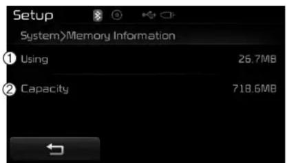 Setup System>Memory Information ① Using 25.7MB ② Capacity 718.6MB
