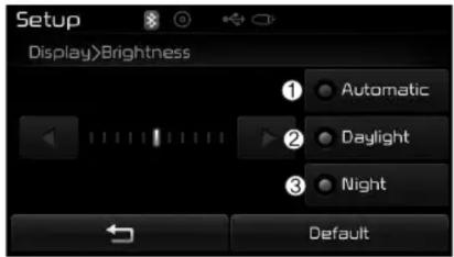 Setup Display>Brightness ① Automatic ② Daylight ③ Night Default