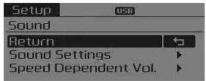 Setup USB Sound Return Sound Settings Speed Dependent Vol.