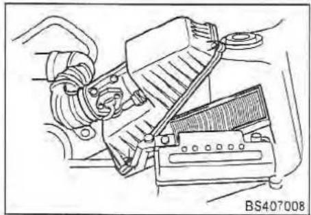 Technical line drawing of an engine compartment with hoses and a battery (no text or symbols)
