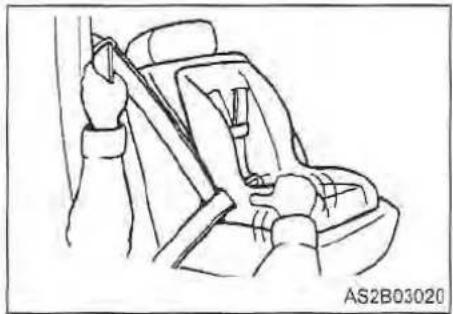 Line drawing of a car seatbelt with a hand holding a clip (no text or symbols)
