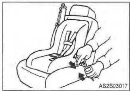 Line drawing of a person adjusting a seatbelt on a car seat (no text or symbols)