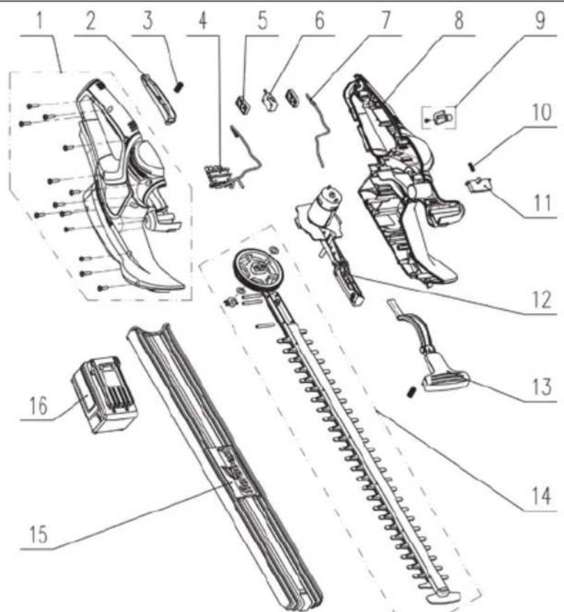 Exploded view diagram of a hair dryer with numbered parts for identification