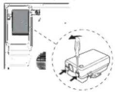 Technical diagram showing a mechanical assembly with a magnified inset of a component (no text or symbols present)