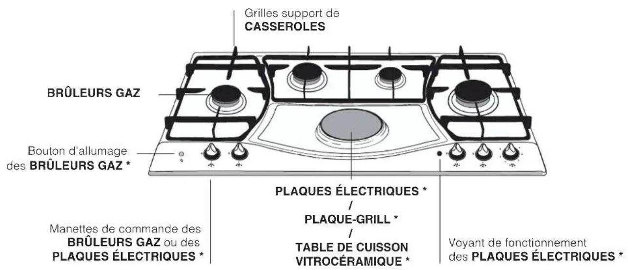 Grilles support de CASSEROLES BRÛLEURS GAZ Bouton d'allumage des BRÛLEURS GAZ * MANettes de commande des BRÛLEURS GAZ ou des PLAQUES ÉLECTRIQUES * PLAQUES ÉLECTRIQUES * / PLAQUE-GRILL * / TABLE DE CUISSON VITROCÉRAMIQUE * Voyant de fonctionnement des PLAQUES ÉLECTRIQUES *