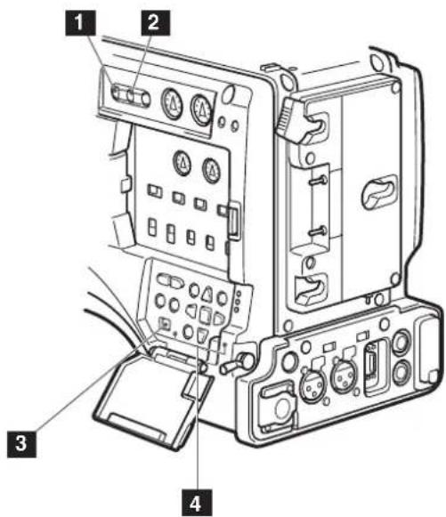 Technical diagram of an electronic device with labeled components including ports, buttons, and connectors