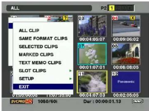 ALL P2 1 RH0101 ALL CLIP SAME FORMAT CLIPS SELECTED CLIPS MARKED CLIPS TEXT MEMO CLIPS SLOT CLIPS SETUP EXIT 03 04 X 00:04:05:07 00:09:06:02 07 08 00:01:07:01 00:08:08:05 Panasonic 01:05:00:05 11:07:35:00 00:04:07:03 00:02:05:05 DVCPRO ND 1080/60i Dur : 00:00:1.13