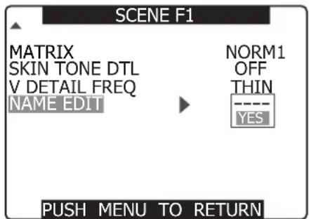 SCENE F1 MATRIX SKIN TONE DTL V DETAIL FREQ NAME EDIT NORM1 OFF THIN ---- YES PUSH MENU TO RETURN