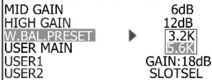 MID GAIN HIGH GAIN W.BAL.PRESET USER MAIN USER1 USER2 6dB 12dB 3.2K 5.6K GAIN:18dB SLOTSEL