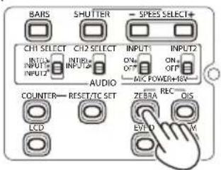 BARS SHUTTER SPEES SELECT+ CH1 SELECT CH2 SELECT INPUT1 INPUT2 AUDIO COUNTER—RESET/TC SET EVEBA REC LCD EVFD M ON. OFF MIC POWER+RSV