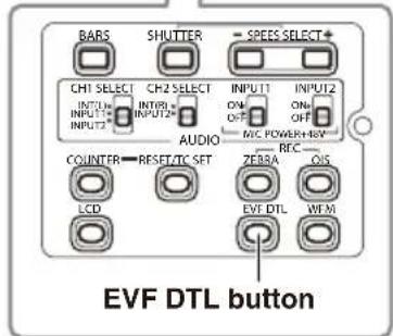 BARS SHUTTER SPEEDS SELECT+ CH1 SELECT CH2 SELECT INPUT1 INPUT2 INPUT1 INPUT2 INPUT2 INPUT2 INPUT2 AUDIO REC COUNTER RESET/TC SET ZEBBA OIS LCD EVE DTL WFM EVE DTL button