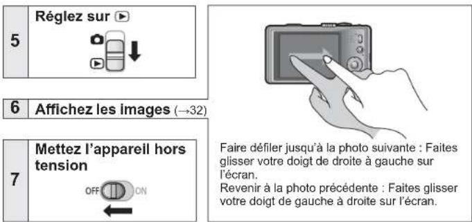 5 Réglez sur ▶ 6 Affichez les images (→32) 7 Mettez l'apparell hors tension OFF ON Faire défiler jusqu'à la photo suivante : Faites glisser votre doigt de droite à gauche sur l'écran. Revenir à la photo précédente : Faites glisser votre doigt de gauche à droite sur l'écran.