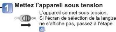 1 Mettez l'appareil sous tension L'appareil se met sous tension. Si l'écran de sélection de la langue ne s'affiche pas, passez à l'étape