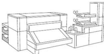 Line drawing of a mechanical device with multiple stacked units and a rack (no text or symbols)