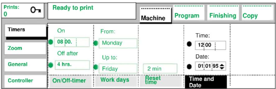 Prints: 0 Ready to print Machine Program Finishing Copy Timers On From: 08:00. Monday Time: 12:00 Zoom Off after Up to: 4 hrs. Friday Date: General 2 min 01:01:95 Controller On/Off-timer Work days Reset time Time and Date