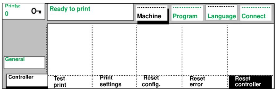 graph TD A["Prints: 0"] --> B["Ready to print"] B --> C["Machine"] C --> D["Program"] D --> E["Language"] E --> F["Connect"] G["General"] --> H["Controller"] H --> I["Test print"] H --> J["Print settings"] H --> K["Reset config."] H --> L["Reset error"] H --> M["Reset controller"]