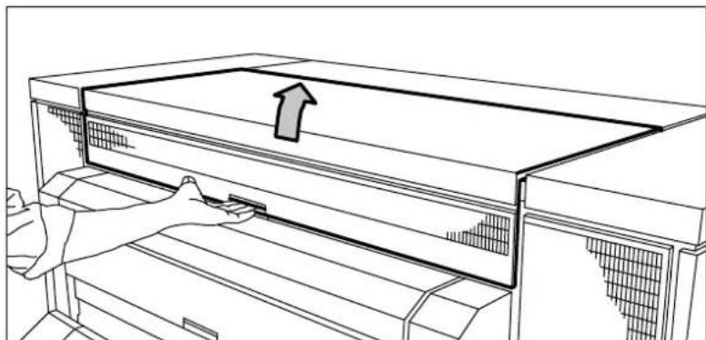 Line drawing of a hand pressing down on an air conditioner unit with an upward arrow (no text or symbols)
