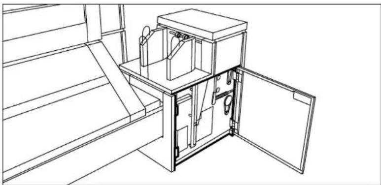 Technical line drawing of an open industrial machine with internal components (no text or symbols)
