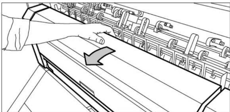 Line drawing of a hand operating a printer with an arrow indicating the process (no text or symbols present)