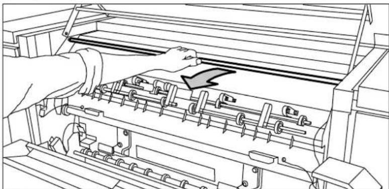 Line drawing of hands operating a printer with a mechanical component, no text or symbols present