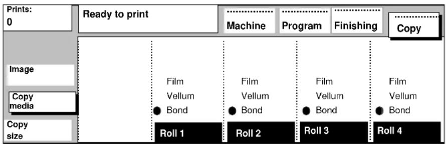 Prints: 0 Ready to print Machine Program Finishing Copy Image Copy media Film Vellum Bond Film Vellum Bond Film Vellum Bond Film Vellum Bond Copy size Roll 1 Roll 2 Roll 3 Roll 4