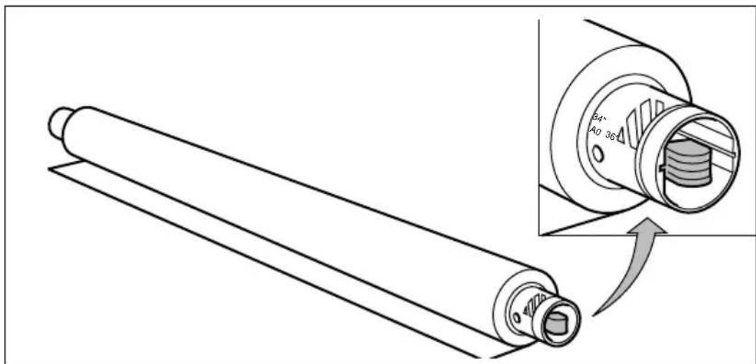Technical diagram showing a roller being inserted into a mechanical component with labeled parts A0, 36, and B4.