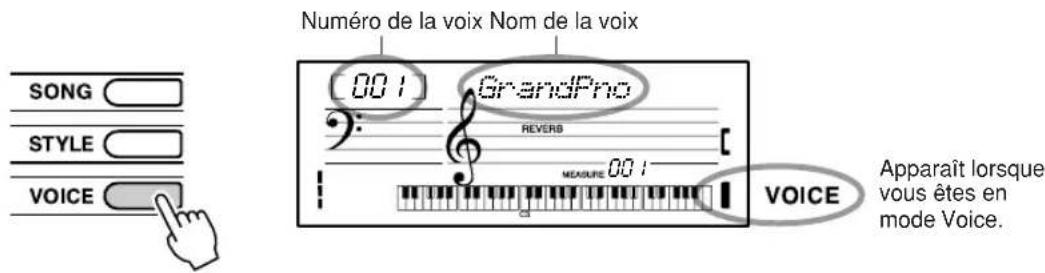 Numéro de la voix Nom de la voix SONG STYLE VOICE 001 GrandPro REVERB MEASURE 001 VOICE Apparaît lorsque vous êtes en mode Voice.