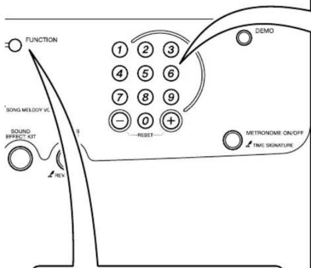 FUNCTION SONG MELODY VC SOUND EFFECT KIT REV 1 2 3 4 5 6 7 8 9 - 0 + ----RESET---- DEMO METRONOME ON/OFF TIME SIGNATURE