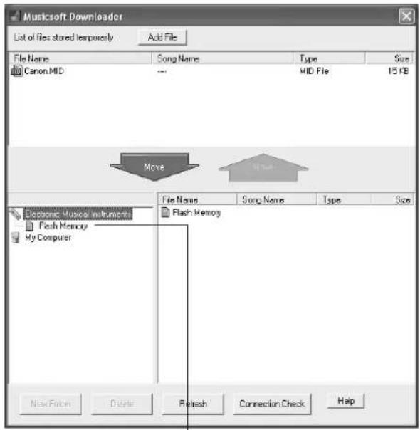 Musicsoft Downloader List of files stored temporarily Add File File Name Song Name Type Size Canon MID .... MID File 15 KB Move Flash Memory My Computer File Name Song Name]^Type Size Flash Memory New Finder Delete Fetash Connection Check Help