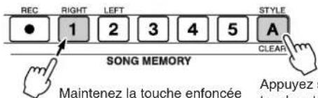 REC RIGHT LEFT STYLE ● 1 2 3 4 5 A SONG MEMORY Maintenez la touche enfoncée Appuyez toucho at