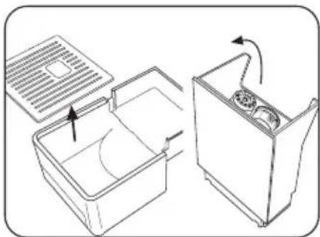 Line drawing of a two-part appliance with open lid and side panel, showing internal components and rotation arrows (no text or symbols)