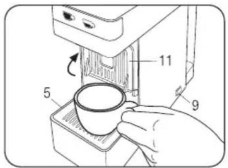 Diagram showing a hand using a coffee machine with labeled parts 5, 9, and 11, indicating a coffee machine operation.