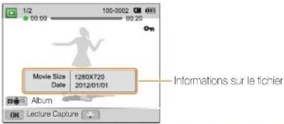 1/2 100-0002 00:00 00:20 On Movie Size 1280X720 Date 2012/01/01 Album OK Lecture Capture Informations sur le fichier