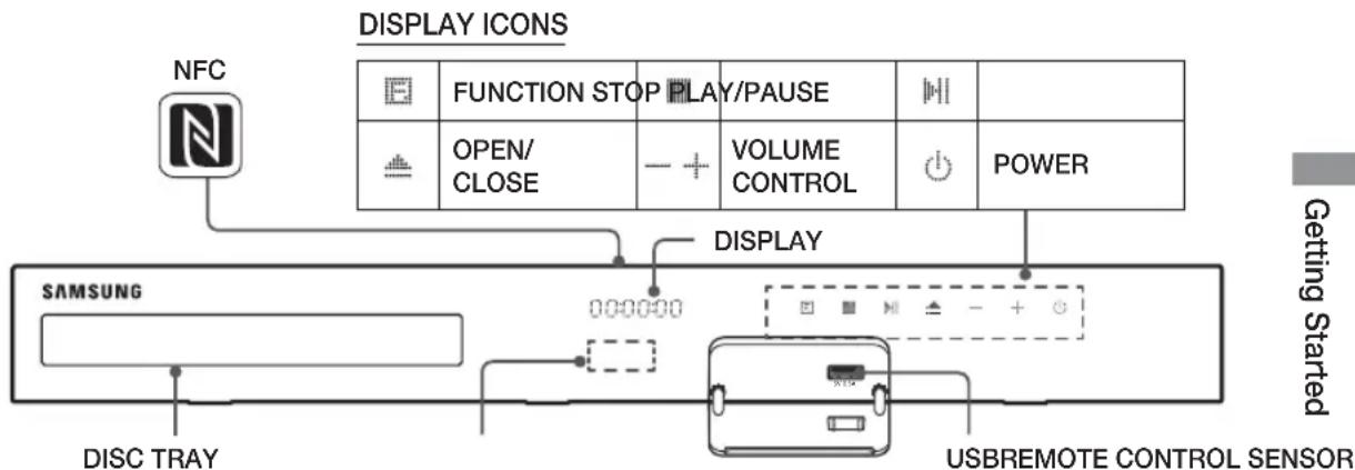 DISPLAY ICONS NFC FUNCTION STOP PLAY/PAUSE OPEN/ CLOSE VOLUME CONTROL POWER SAMSUNG 000000 DISC TRAY USBREMOTE CONTROL SENSOR Getting Started