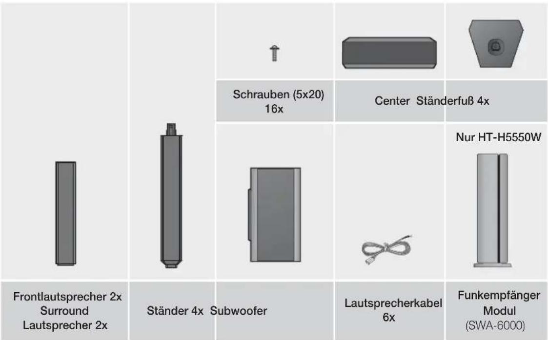 Schrauben (5x20) 16x Center Ständerfuß 4x Nur HT-H5550W Frontlautsprecher 2x Surround Lautsprecher 2x Ständer 4x Subwoofer Lautsprecherkabel 6x Funkempfänger Modul (SWA-6000)